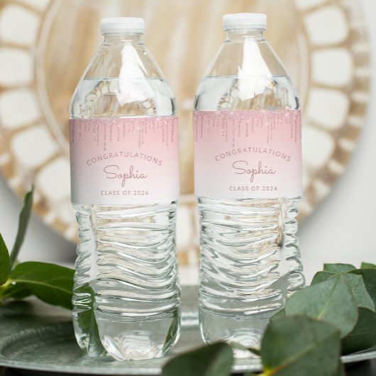 2026 Roze Glitter Drip Afstudeerfeest Waterfles Etiket