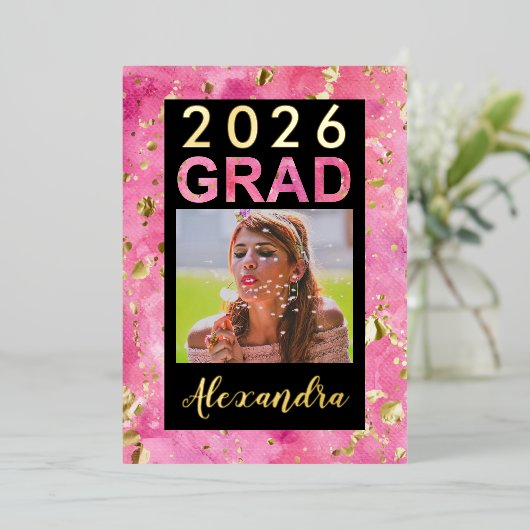 2026 Roze Gouden Waterverf Kunst Foto Afstudeercer Folie Uitnodiging (Staand Voorkant)
