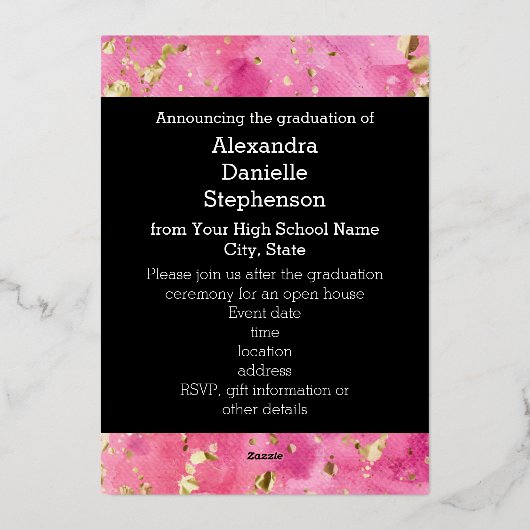 2026 Roze Gouden Waterverf Kunst Foto Afstudeercer Folie Uitnodiging (Achterkant)