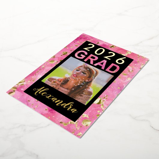 2026 Roze Gouden Waterverf Kunst Foto Afstudeercer Folie Uitnodiging (Gedraaid)