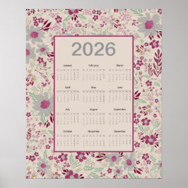 2026 Roze Grijs Bloempatroon Agenda Poster