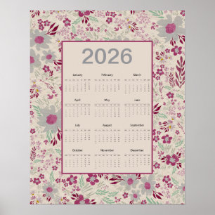 2026 Roze Grijs Bloempatroon Agenda Poster