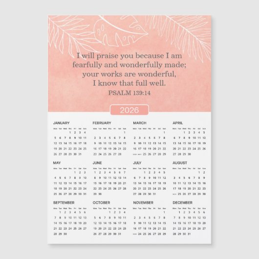 2026 Roze Waterverf Psalm 139:14 Magnet (Voorkant)