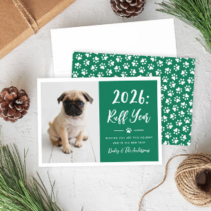 2026 Ruig Jaar Groen Grappige Hond Foto Pootafdruk Feestdagenkaart