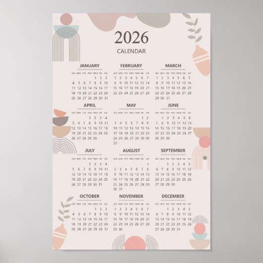 2026 Scandinavische Kalender Boho Esthetiek Beige Poster (Voorkant)