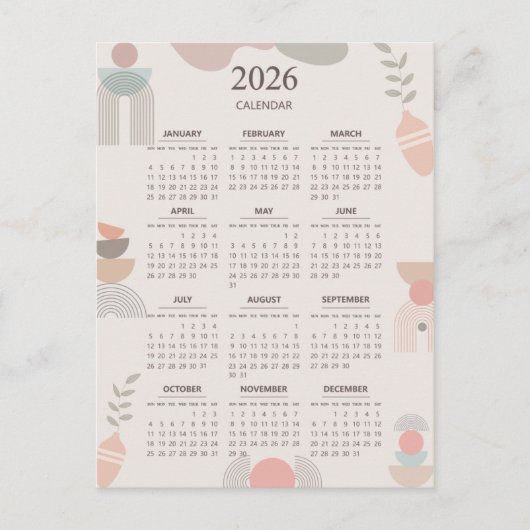 2026 Scandinavische Kalender Boho Esthetische Beig Briefkaart (Voorkant)