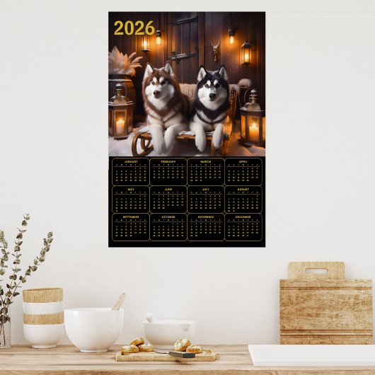 2026 Siberian Huskies on Sled Calendar Poster (Keuken)