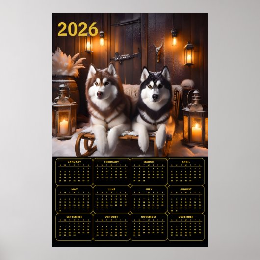 2026 Siberian Huskies on Sled Calendar Poster (Voorkant)