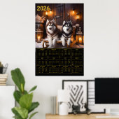 2026 Siberische Huskies op slee kalender Poster (Thuiskantoor)