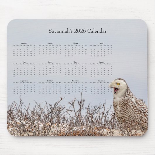 2026 Snowy Owl Full-Year Customizable Calendar Muismat (Voorkant)