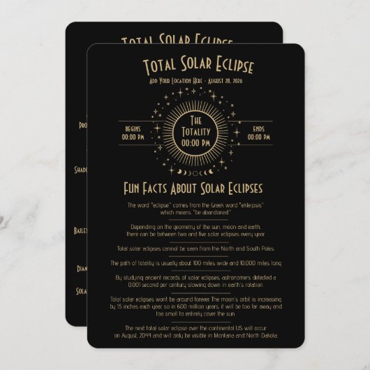 2026 Solar Eclipse Celestial Stars Black Fun Facts Kaart (Voorkant / Achterkant)