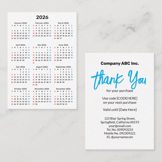 2026 Sunday Calendar Thank You Purchase Visitekaartje (Voorkant / Achterkant)