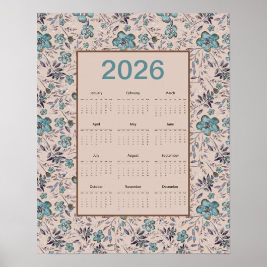2026 Teal Flowers Calendar Poster (Voorkant)