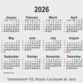 2026 Transparante kalender van 52 weken door Janz Sticker (Voorkant)