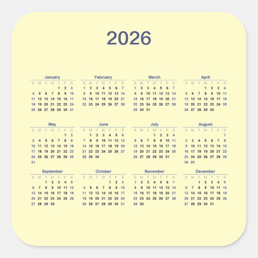 2026 Twaalf maanden Kalender Square Sticker (Voorkant)