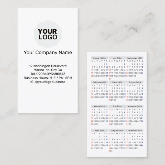 2026 Wallet Size Calendar SUNDAY Start Business Ca Visitekaartje (Voorkant / Achterkant)