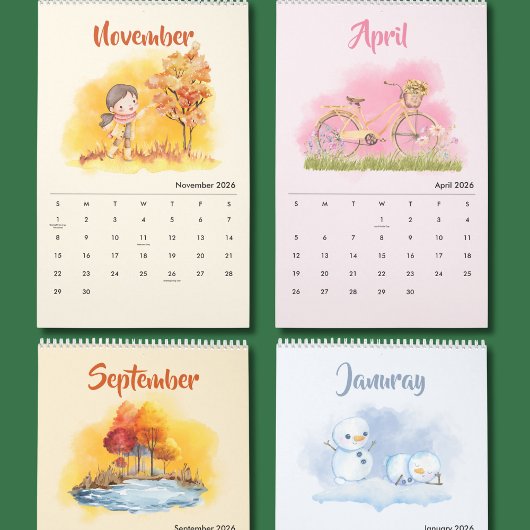 2026 Watercolor Seizoenen Kalender