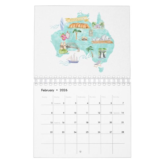 2026 Waterverf Landen in de Wereldkaarten Reizen Kalender (Feb 2026)