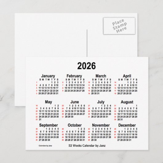 2026 White 52 Weeks Agenda van Janz Briefkaart (Voorkant / Achterkant)
