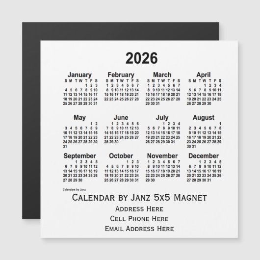 2026 White Business Calendar van Janz 5x5 Magnet (Voorkant / Achterkant)
