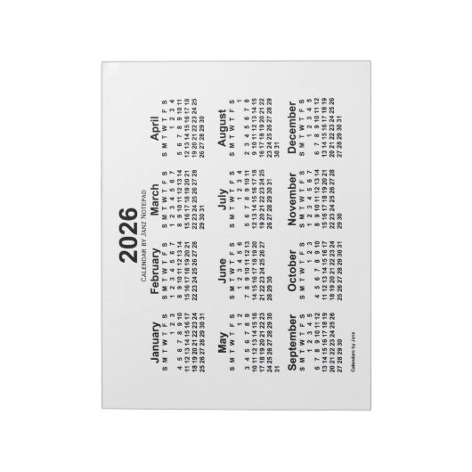 2026 White Calendar van Janz 11x8.5-laptop Notitieblok (Linkerzijde)
