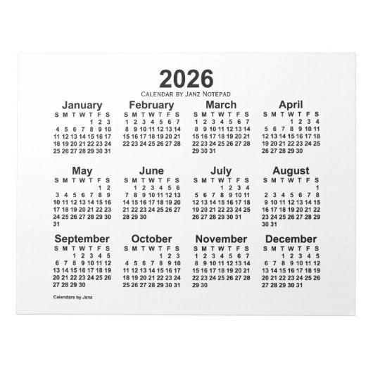 2026 White Calendar van Janz 11x8.5-laptop Notitieblok (Voorkant)