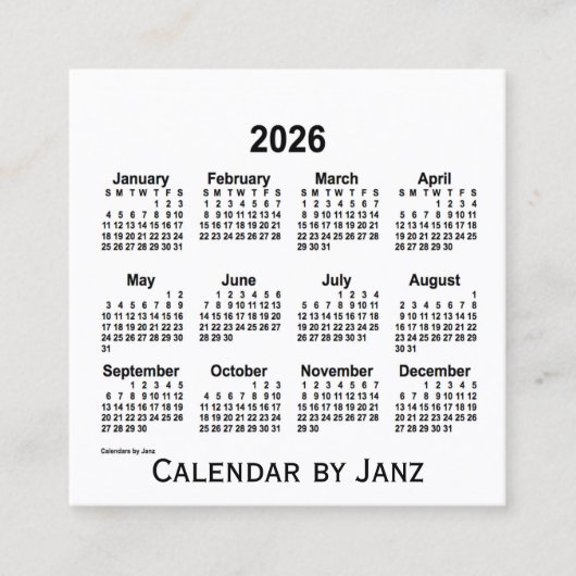2026 White Calendar van Janz Square Visitekaartje (Voorkant)