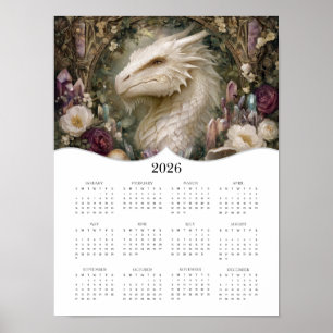 2026 White Dragon Fantasy Art Volledige jaarkalend Poster