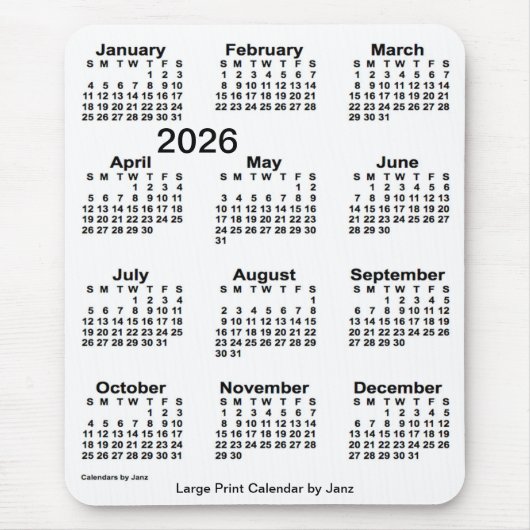 2026 White Large Print Calendar van Janz Muismat (Voorkant)