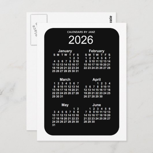 2026 White Neon 6 maanden Mini Calendar van Janz Briefkaart (Voorkant / Achterkant)