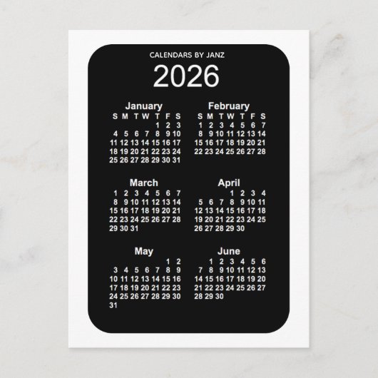 2026 White Neon 6 maanden Mini Calendar van Janz Briefkaart (Voorkant)