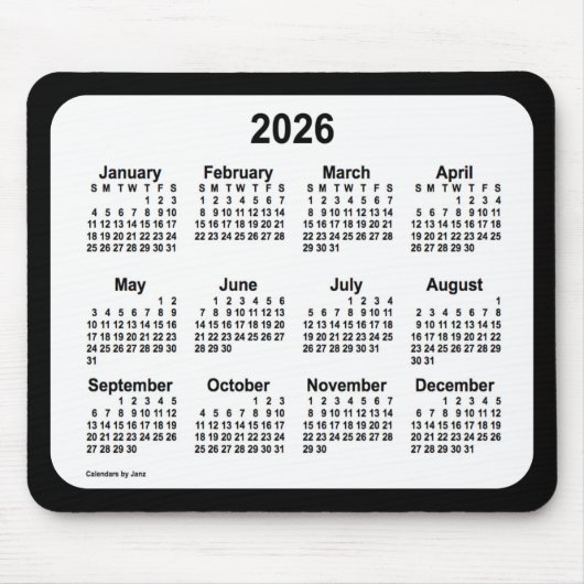 2026 White on Black Calendar van Janz Two Tone Muismat (Voorkant)