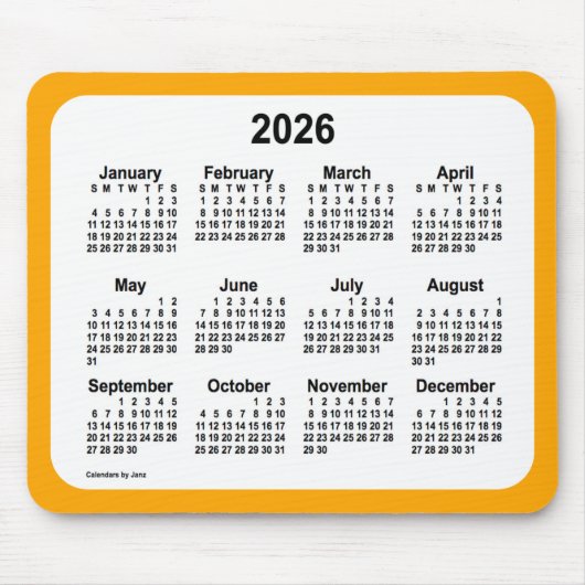 2026 White on Oranje Calendar by Janz Two Tone Muismat (Voorkant)