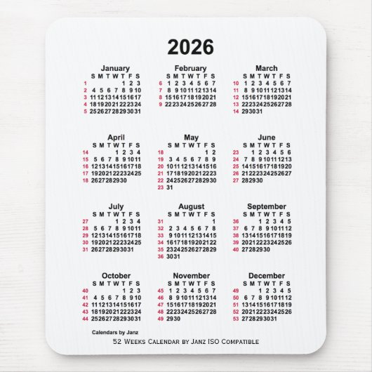 2026 Witte 52 weken ISO-kalender door Janz Muismat (Voorkant)