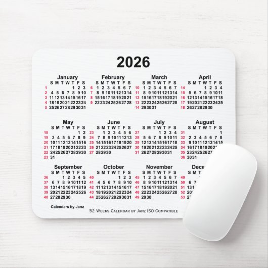 2026 Witte 52 weken ISO-kalender door Janz Muismat (Met muis)
