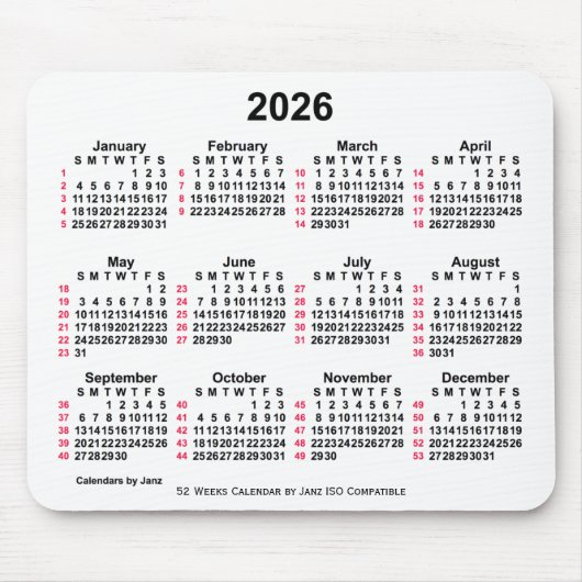 2026 Witte 52 weken ISO-kalender door Janz Muismat (Voorkant)