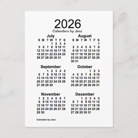 2026 Witte 6 maanden Mini Agenda van Janz Briefkaart (Voorkant)