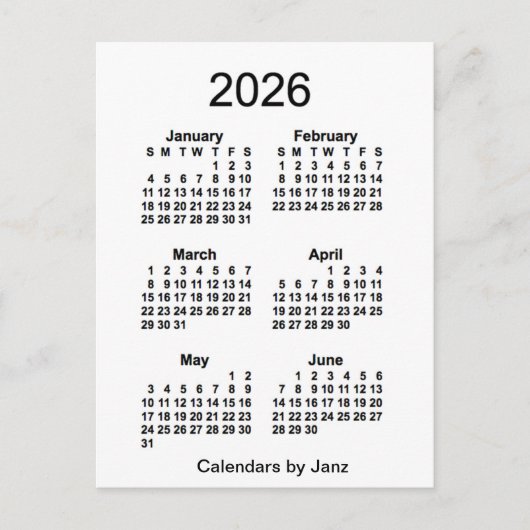 2026 Witte 6 maanden Mini Agenda van Janz Briefkaart (Voorkant)