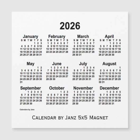 2026 Witte Agenda van Janz 5x5 Magnet (Voorkant)