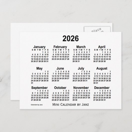 2026 Witte Mini-kalender van Janz Briefkaart (Voorkant / Achterkant)
