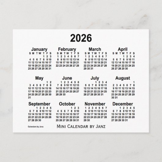 2026 Witte Mini-kalender van Janz Briefkaart (Voorkant)