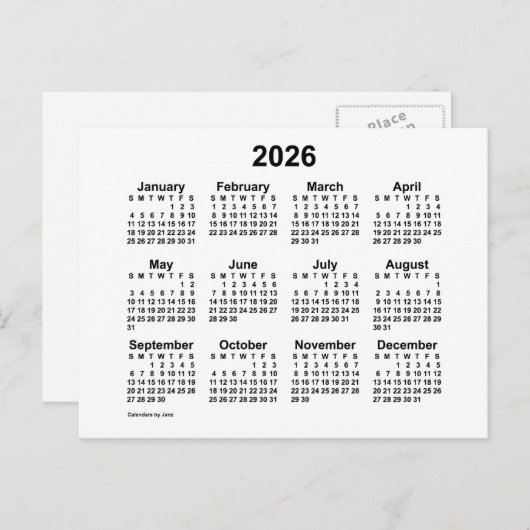 2026 Witte Mini-kalender van Janz Postcard Briefkaart (Voorkant / Achterkant)