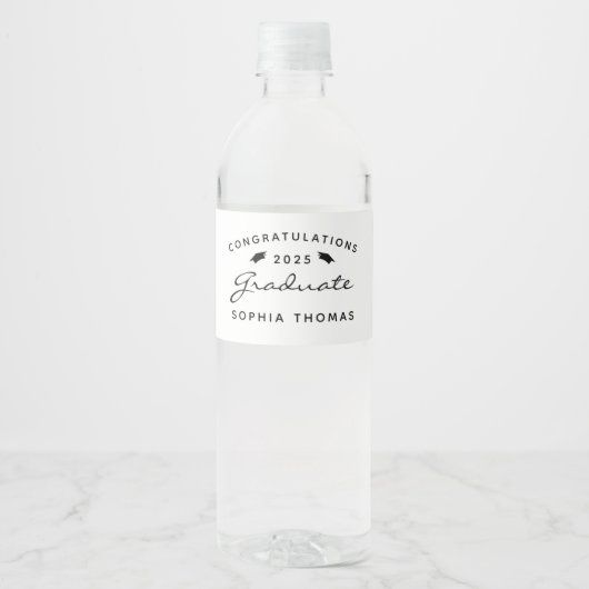2026 Witte Zwarte Script Muts Afstuderen Waterfles Etiket (Voorkant)
