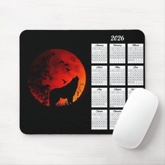 2026 Wolf Silhouet en Bloed Maan Kalender Muismat (Met muis)