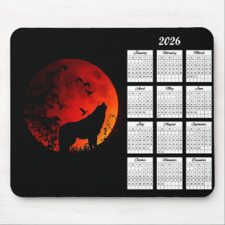 2026 Wolf Silhouet en Bloed Maan Kalender Muismat