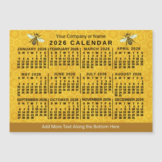 2026 Year Calendar Bee Honeycomb Apiary Custom Magnetische Uitnodiging (Voorkant)