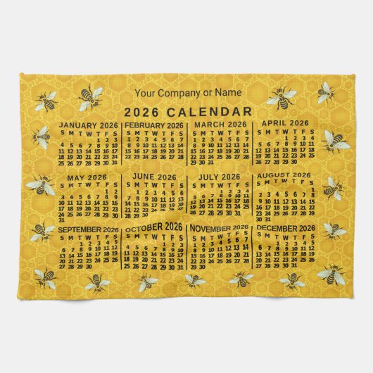 2026 Year Calendar Bee Honeycomb Apiary Custom Theedoek (Horizontaal)