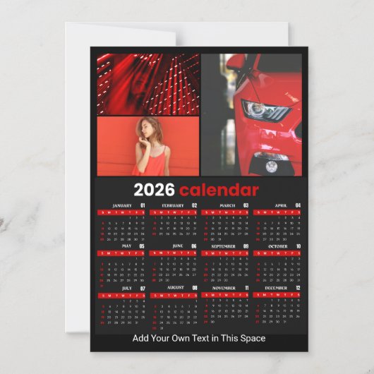 2026 Year Calendar Black Red Personalized Photo Magnetische Uitnodiging (Voorkant)