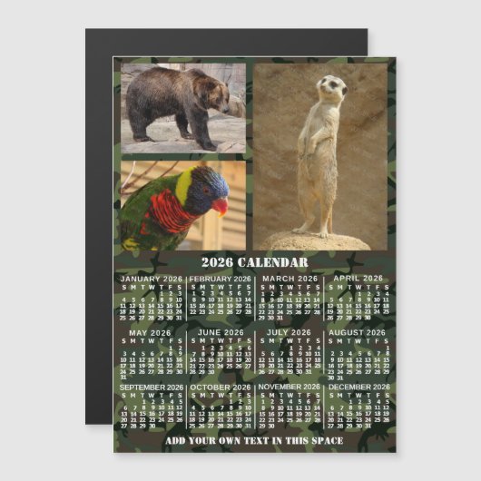 2026 Year Calendar Camouflage Add 3 Custom Photos Magnetische Uitnodiging (Voorkant / Achterkant)