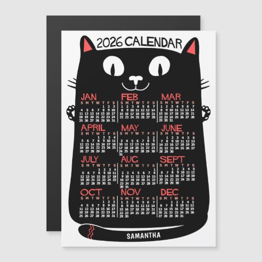 2026 Year Calendar Mid-Century Black Cat Magnet (Voorkant / Achterkant)